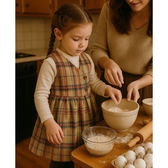 Petit Patapon Girls Jumper Dress Sz 6 Tan Plaid Cotton Wool Blend Preppy Classic - Picture 1 of 7